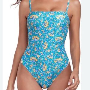 RELLECIGA Floral Yellow and Blue Swimsuit Bandeau One Piece Sexy Bathing Suit M
